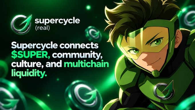An anime-style character in green armor appears next to the "supercycle (real)" logo and text stating "Supercycle connects $SUPER, community, culture, and multichain liquidity" against a green background.