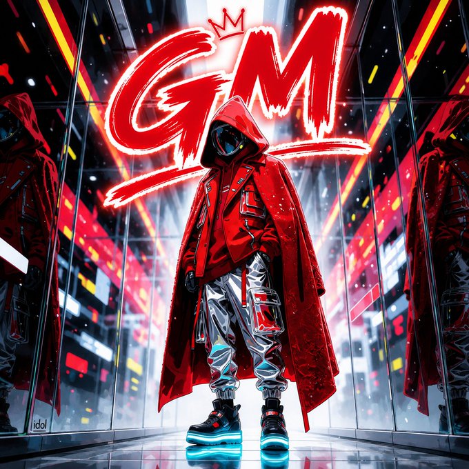 A stylized digital illustration features a hooded figure in a red coat and silver pants standing before a graffiti-style 'GM' logo with a small crown, set against a futuristic neon background.
