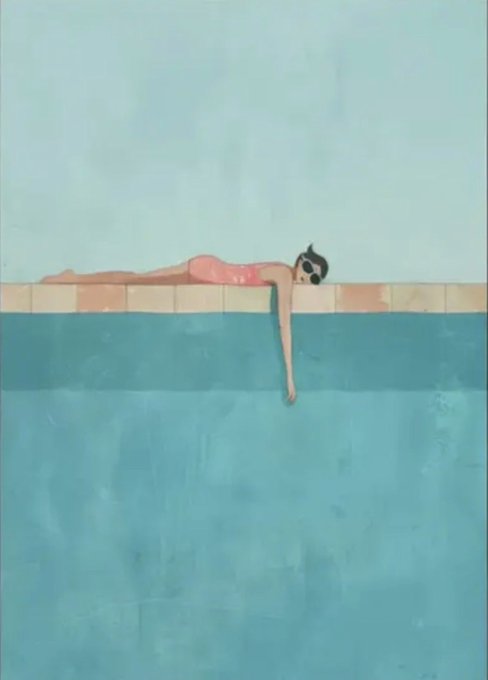A stylized illustration of a woman in a pink swimsuit and sunglasses lying on the edge of a pool, with her arm dangling into the turquoise water.