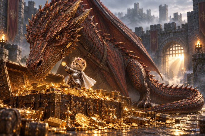 A fantasy digital artwork depicting a small cat-like warrior in armor standing on a pile of gold treasure next to a large red dragon in a castle setting.