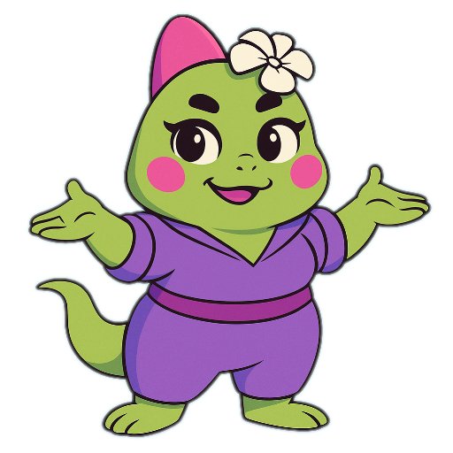 Cartoon illustration of a smiling green dinosaur or dragon-like character wearing a purple robe and a white flower on its head, standing with arms outstretched.
