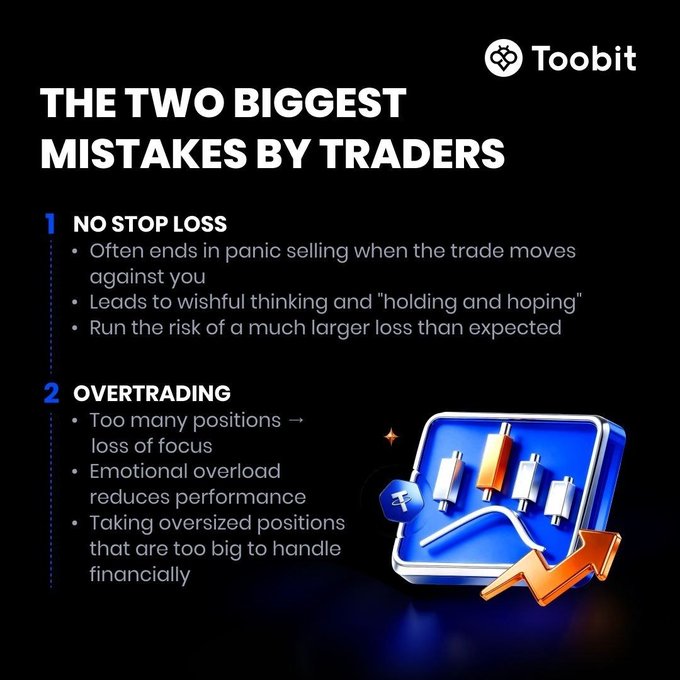 The image is a Toobit infographic titled "The Two Biggest Mistakes by Traders," highlighting the dangers of not using a stop-loss and overtrading, which aligns with the post's warning for traders to stay safe.