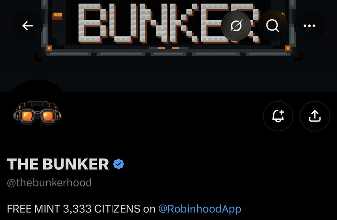 The image shows a Twitter/X profile page for "THE BUNKER" (@thebunkerhood) with a pixel-art logo, featuring a bio that announces "FREE MINT 3,333 CITIZENS on @RobinhoodApp." This aligns with the post's message about securing guaranteed spots and a 3,333 free mint on Robinhood.