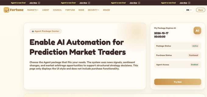 A 'Fortune' website interface displays 'Enable AI Automation for Prediction Market Traders' with package status details showing active, purchased, and enabled states.
