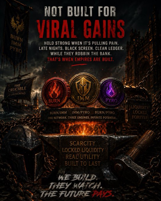 A dark, dramatic promotional graphic titled 'NOT BUILT FOR VIRAL GAINS' advertising 'BURN/IMM/PYRO' and 'THE CRUCIBLE LAUNCHPAD', featuring three emblems labeled 'BURN', 'IMM', and 'PYRO' above a flaming forge.