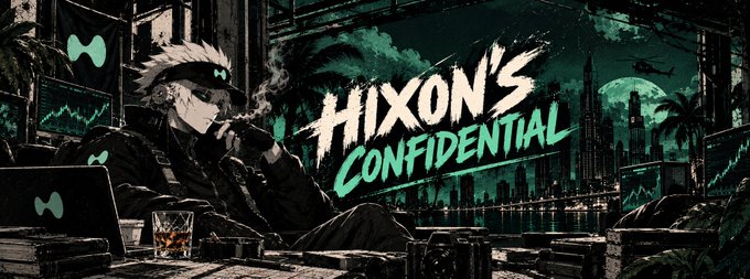 Stylized digital artwork titled 'HIXON'S CONFIDENTIAL' featuring an anime character with white hair smoking, set against a green-toned cyberpunk cityscape.
