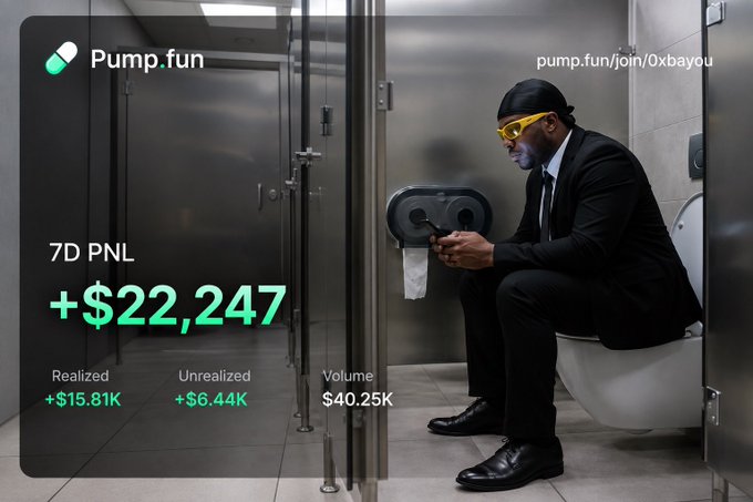 A promotional image for Pump.fun showing a man in a suit and yellow sunglasses on a toilet, with text '7D PNL +$22,247', 'Realized +$15.81K', 'Unrealized +$6.44K', 'Volume $40.25K', and 'pump.fun/join/0xbayou'.