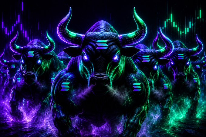 A charging herd of neon-lit, bullish Solana ($SOL) symbols stampede through purple and green energy clouds, symbolizing unstoppable momentum. The image visually represents the post's claim that "delusional Solana Bulls will win in the end," with $CURB and $SOL positioned to ride the bullish charge.
