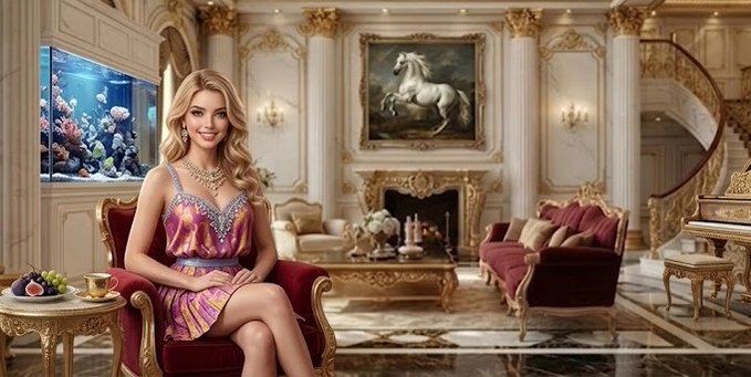 The image features a woman sitting in an elegant living room with a red couch, chair, and other furniture. The room has a large painting of a horse on the wall above her head. In front of her are two dining tables, one with a bowl of fruit on it. A fish tank is also present in the scene. The image seems to be promoting or discussing a new standard for transparent prediction markets that uses real-world events as collective intelligence.