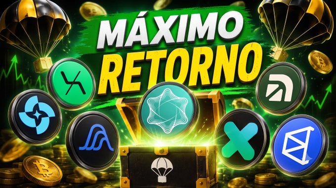 A promotional graphic with the text 'MÁXIMO RETORNO' featuring various cryptocurrency logos including XRP, Stellar, Aave, and others arranged around an open treasure chest with gold coins and parachutes.
