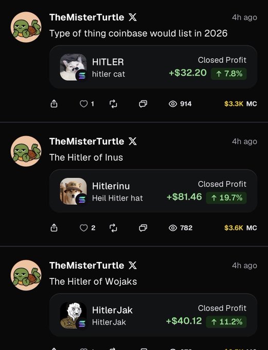 Three social media posts by TheMisterTurtle showing meme cryptocurrency tokens: HITLER ($+32.20), Hitlerinu ($+81.46), and HitlerJak ($+40.12).