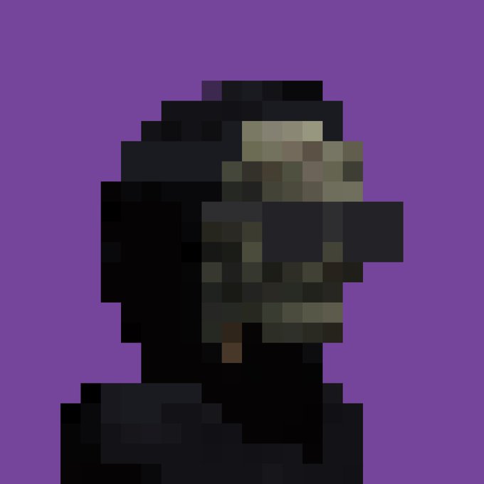 A highly pixelated, low-resolution profile image showing a dark figure wearing what appears to be tactical gear or a helmet against a solid purple background.