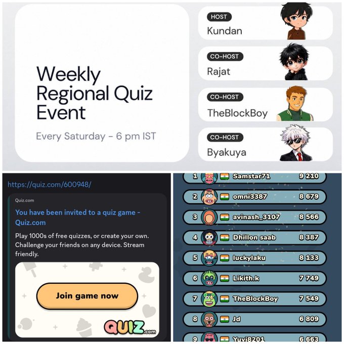 A promotional graphic for a 'Weekly Regional Quiz Event' held 'Every Saturday – 6 pm IST' hosted by Kundan with co-hosts Rajat, TheBlockBoy, and Byakuya, alongside screenshots of a Quiz.com invitation and a leaderboard featuring top players like Samstar71, omni3387, and avinash_3107.