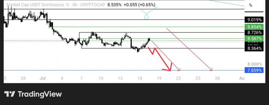 A 4-hour TradingView chart of USDT Dominance (CRYPTOCAP) shows the price at 8.535%, down 0.65%, having recently broken below the consolidation range and projected by red arrows to fall further toward 7.859%, supporting the post's bullish call to "Buy on Dips" as weakening USDT dominance typically signals strength in crypto markets.