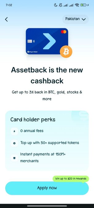 A mobile app screen for a Bitcoin rewards card, showing a Pakistani region setting, with text "Assetback is the new cashback," offering up to 3x back in BTC, gold, stocks, with perks like $0 annual fees and topping up with 50+ supported tokens.