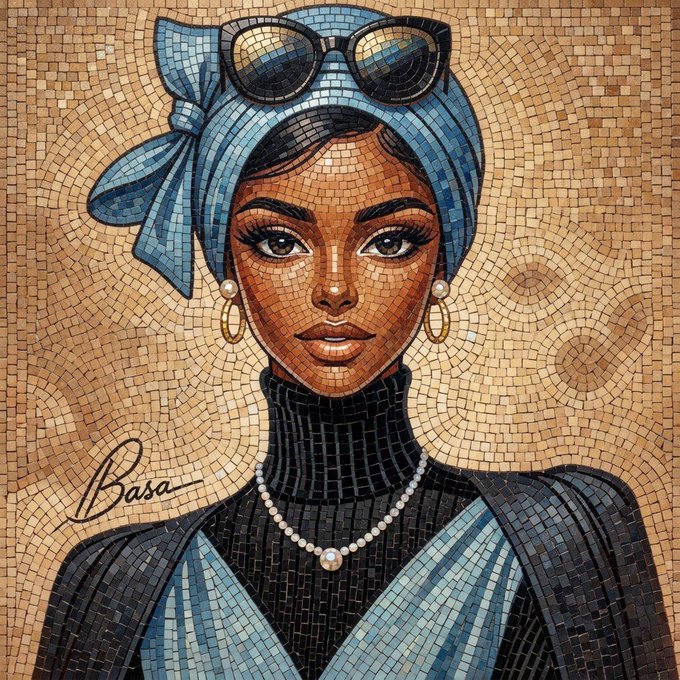 A mosaic-style digital artwork portraying a stylish woman with a blue headwrap, sunglasses, pearl necklace, and black and blue attire, signed 'Basa'.