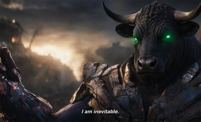 A dark, fantasy-style digital artwork of a bull-headed warrior with glowing green eyes wearing cracked stone armor, captioned 'I am inevitable.'