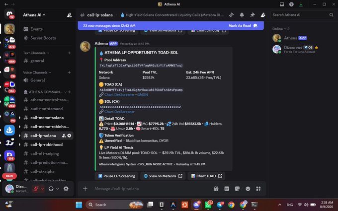 A Discord chat interface shows the 'ATHENA LP OPPORTUNITY: TOAD-SOL' message in the # call-lp-solana channel, displaying details about the TOAD (CA) and SOL (CA) pool addresses, market data, and token verification status.