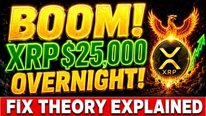 A YouTube thumbnail displays bold text reading 'BOOM! XRP $25,000 OVERNIGHT! FiX THEORY EXPLAINED' alongside a flaming phoenix and an XRP coin logo.