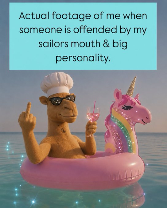 A humorous meme shows a camel wearing a chef's hat and sunglasses floating in a pool on a rainbow unicorn inflatable, holding a pink cocktail, with text reading "Actual footage of me when someone is offended by my sailors mouth & big personality."