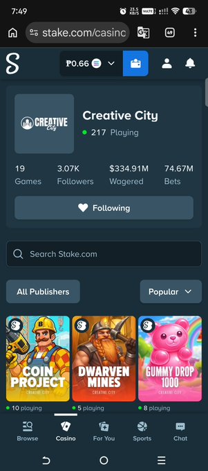 Mobile screenshot of the Stake.com casino page featuring 'Creative City' with 217 playing, ₱0.66 currency, and game thumbnails for 'Coin Project', 'Dwarven Mines', and 'Gummy Drop 1000'.