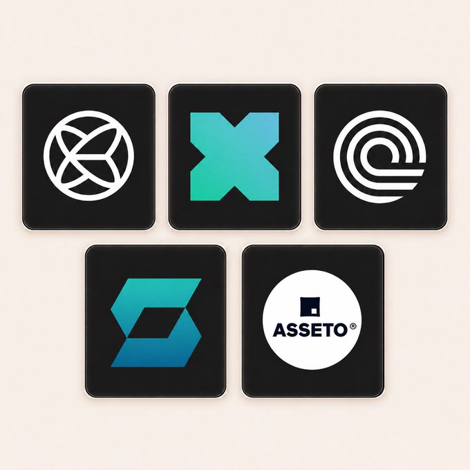 The image displays five black app-style icons featuring logos for xStocksFi, ShiftRWA, Theo_Network, AssetoFinance, and Ondo, visually representing the RWA (Real World Assets) points farming programs mentioned in the post.