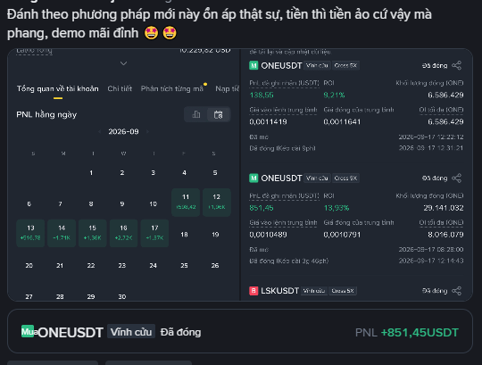 A Vietnamese-language cryptocurrency trading interface for ONEUSDT showing a 3-day PNL calendar with profits of +16.74%, +1.74%, +1.56%, and +2.71%, displaying gains of +9.21% and +13.93% ROI.