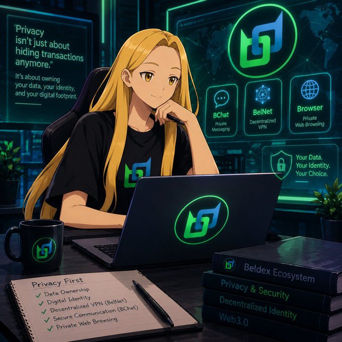 An anime-style blonde woman sits at a laptop displaying the Beldex logo in a tech-themed workspace, surrounded by a notebook listing "Privacy First" features (Data Ownership, Digital Identity, Decentralized VPN (BelNet), Secure Communication (BChat), Private Web Browsing), a coffee mug, and stacked books titled "Beldex Ecosystem," "Privacy & Security," "Decentralized Identity," and "Web3.0." The image illustrates the accompanying post's point that Beldex's roadmap extends beyond basic security toward a broader Web3 development ecosystem, reinforced by background text stating "Privacy isn't just about hiding transactions anymore" and showcasing BChat, BelNet, and Browser tools.