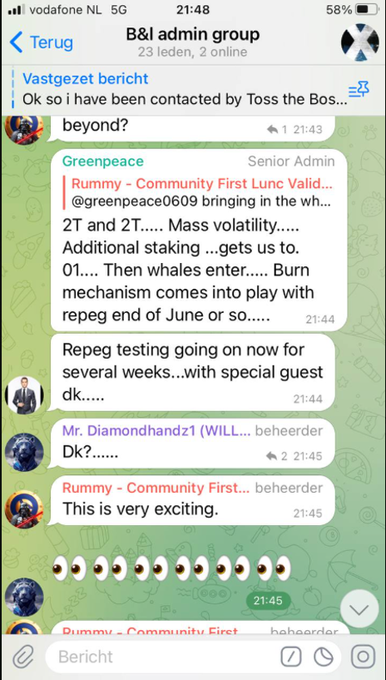A screenshot of a Telegram chat in the 'B&I admin group' with 23 members, discussing crypto-related news including mentions of 2T, mass volatility, whales, burning mechanisms, and repeg testing.