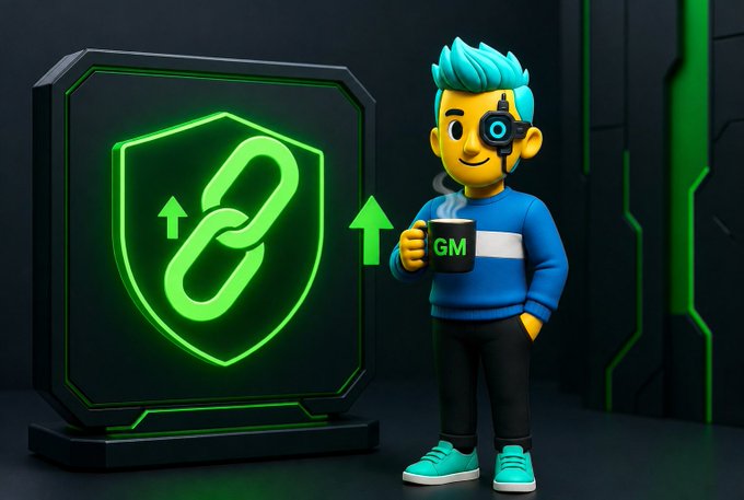 A 3D-rendered cartoon character with blue hair and a cybernetic eye holds a mug labeled 'GM' next to a glowing green shield displaying a link icon with upward arrows.