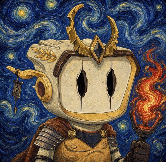 A character with a white, mask-like face featuring dark hollow eyes, wearing a golden crown and armor, holding a flaming torch, set against a swirling Van Gogh 'Starry Night'-inspired background.