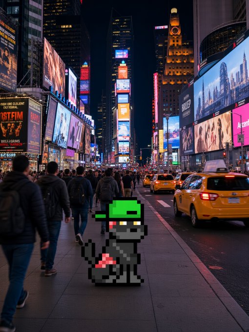 A nighttime view of Times Square in New York City filled with crowds, yellow taxis, and glowing billboards, with a pixel-art sprite of a green-haired ninja character superimposed in the center foreground.