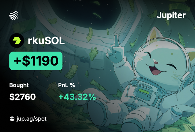 A Jupiter crypto platform graphic featuring a cartoon cat astronaut, showing a rkuSOL trade profit of +$1190 (+43.32%) from a $2760 purchase, with link jup.ag/spot.