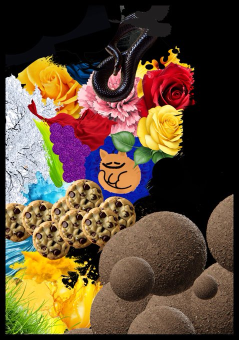 A surreal collage featuring a snake, roses, a Metamask logo, chocolate chip cookies, and brown spheres on a black background.