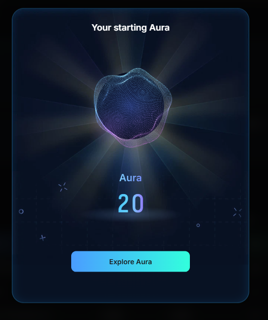 A digital interface displays 'Your starting Aura' with a value of 20 above a 3D wireframe object, set against a dark blue background with light streaks.
