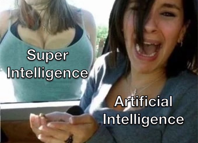 A meme image showing two women, with the one on the left labeled "Super Intelligence" appearing to wear a tank top, while the woman on the right labeled "Artificial Intelligence" is laughing or yelling excitedly while looking at a phone.