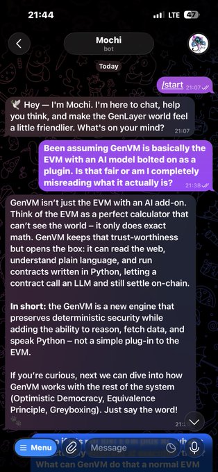 A screenshot of a Telegram chat with the "Mochi" bot at 21:44, showing a conversation where the bot explains that GenVM is a new engine rather than a simple AI plug-in on the EVM, addressing the user's assumption that it was just an AI model bolted on as a plugin.
