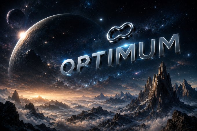 A cosmic landscape featuring a large planet and starry sky showcases the metallic logo "OPTIMUM," with the branding's celestial, forward-looking aesthetic aligning with the post's emphasis on Optimum's accelerating progress and Ethereum-related advancements.