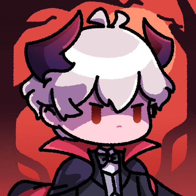 A chibi-style digital illustration of a demon-like character with white hair, red eyes, and dark horns, wearing a dark outfit with a red collar against a red background.