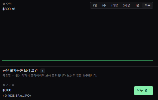 A dark interface showing earnings of '$390.76' with Korean text (총수익) and a 1-day timeframe tab.