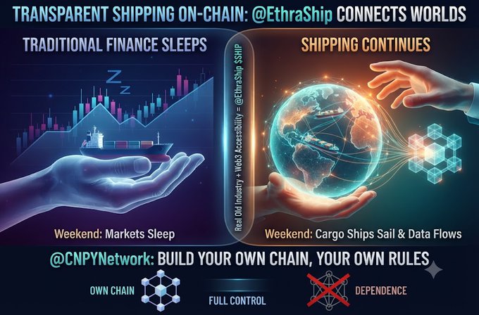 An infographic comparing 'TRANSPARENT SHIPPING ON-CHAIN: @EthraShip CONNECTS WORLDS' with 'TRADITIONAL FINANCE SLEEPS' versus 'SHIPPING CONTINUES' on weekends, featuring a hand holding a cargo ship, a glowing globe, and text '@CNPYNetwork: BUILD YOUR OWN CHAIN, YOUR OWN RULES' with icons for 'Own Chain,' 'Full Control,' and a crossed-out 'Dependence'.