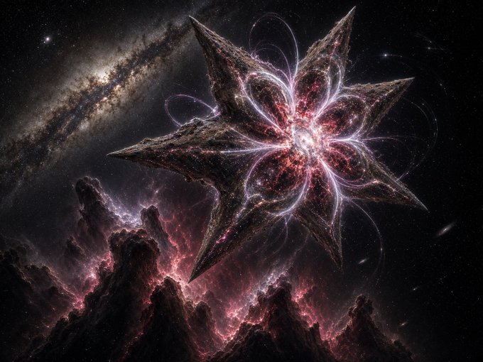 A surreal cosmic scene showing a spiky star-like object emitting pink electrical arcs, floating above nebula clouds with a galaxy visible in the upper left.