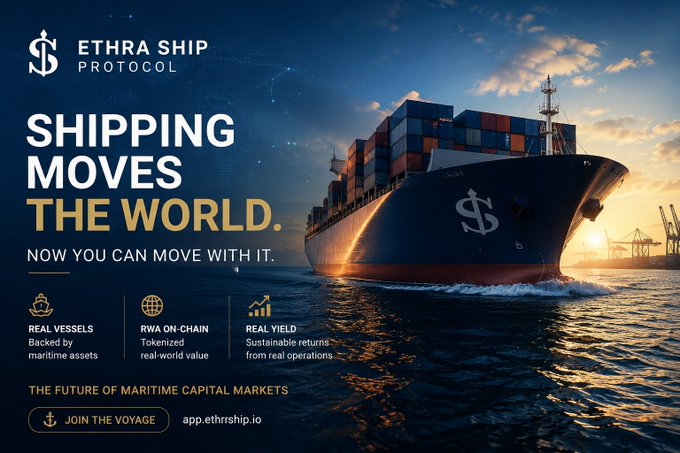 Promotional advertisement for 'ETHRA SHIP PROTOCOL' featuring a large container ship at sea, promoting tokenized real-world maritime assets with on-chain RWA and sustainable real yield.