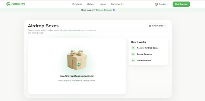 A DappOS webpage displaying 'Airdrop Boxes' indicating that the connected wallet (0xfb3...8e6D) has 'No Airdrop Boxes allocated'.