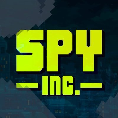 A pixel-art style logo for 'SPY INC.' in bright green text against a dark blue cityscape background.