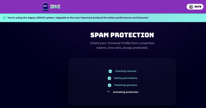 A screenshot of a website interface for 'GRAVE' (Universal Profile) showing a 'SPAM PROTECTION' page with a notification to upgrade to the new improved protocol.