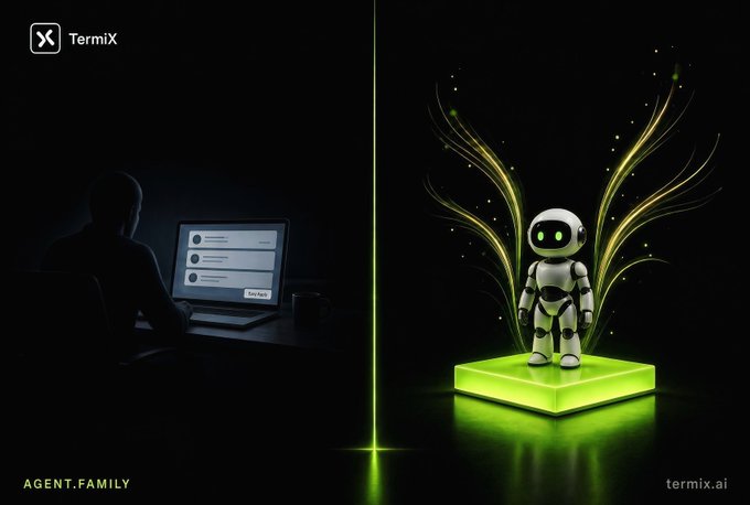 Promotional graphic for TermiX (termix.ai) labeled 'AGENT.FAMILY', depicting a silhouetted figure at a laptop on the left and a glowing green robot emerging from a portal on the right.
