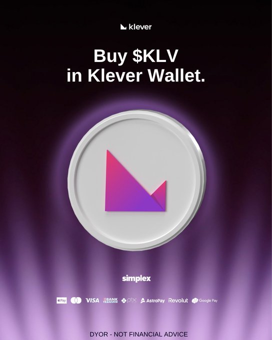 An advertisement showing a large KLV cryptocurrency coin with the text 'Buy $KLV in Klever Wallet', alongside payment method logos including Apple Pay, Visa, and Simplex.