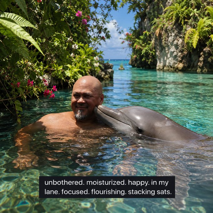 A bald, bearded man smiles in crystal-clear tropical waters beside a dolphin, with the caption "unbothered. moisturized. happy. in my lane. focused. flourishing. stacking sats." overlaid—a Bitcoin take on the viral "happy moisturized in my lane" meme, where "stacking sats" replaces the original skincare routine text.