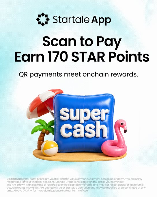 A promotional graphic for 'Startale App' advertising 'Scan to Pay Earn 170 STAR Points' with the tagline 'QR payments meet onchain rewards' above a 3D illustration of a 'super cash' pillow with beach and pool toys.